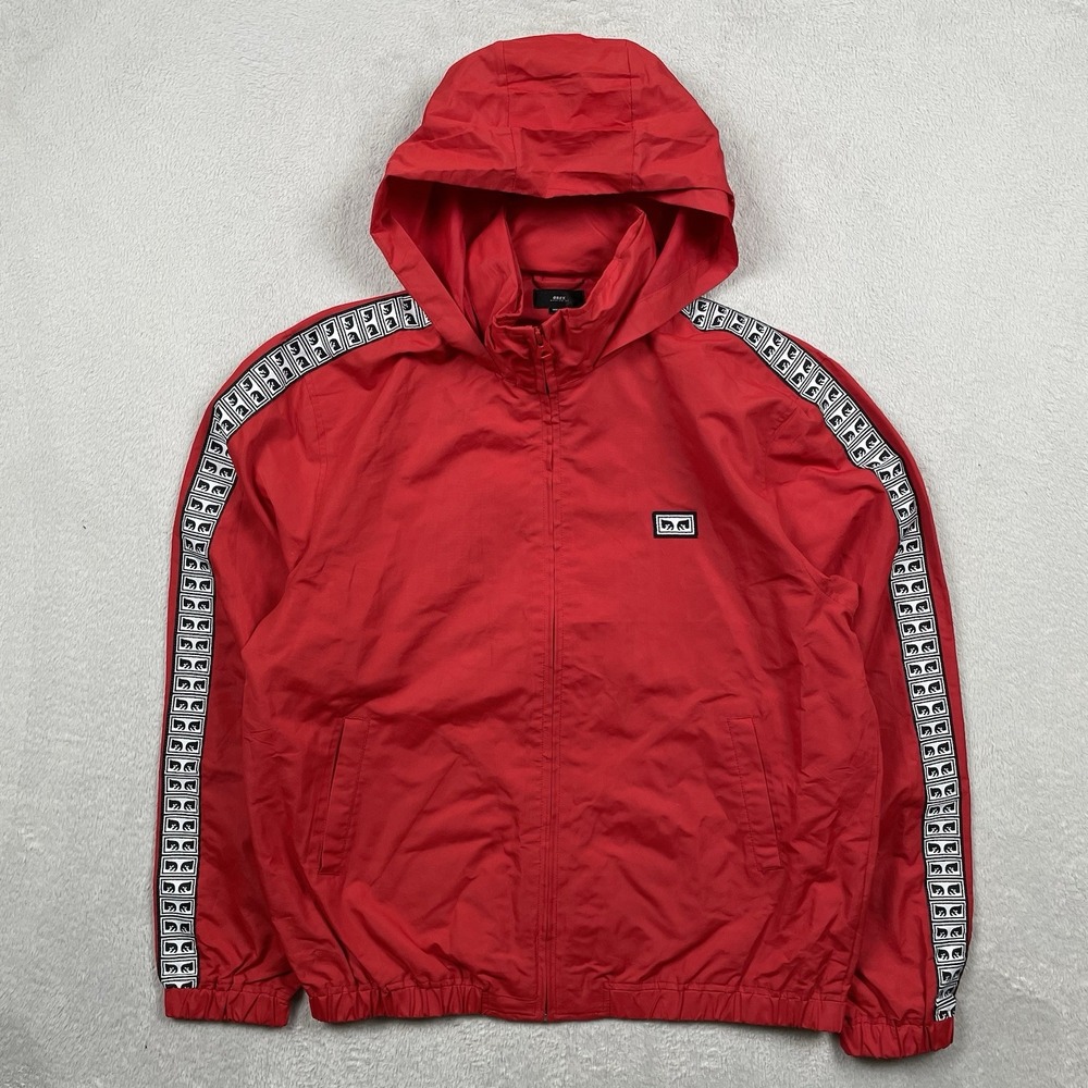 Obey Windbreaker Mens Small Red Stoaway Hood Mock Neck Full Zip Skater